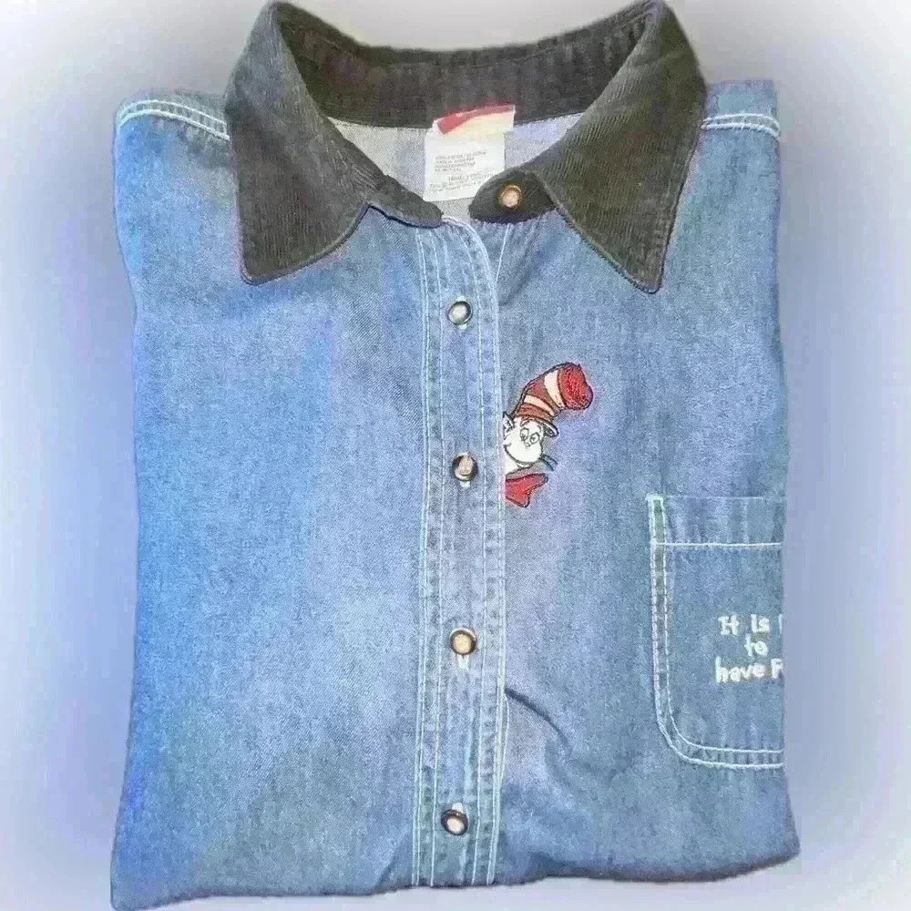 Dr. Seuss plus size 18/20 button-down denim top with black corduroy collar